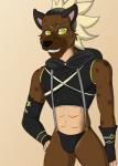 anthro armwear brown_body brown_fur clothed clothing eyebrows eyewear fur glasses gloves hair handwear hood male scar simple_background smile solo standing suspenders underwear klr-rio radi_(klr-rio) hyena mammal spotted_hyena 2019 digital_media_(artwork) hi_res