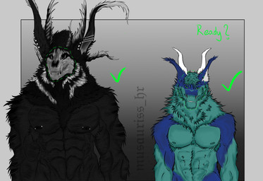 anthro belly black_body black_fur blue_body blue_fur bone duo fur green_eyes horn male male/male muscular nipples piercing skull skull_head teeth trend white_eyes musauriss mythology canid canine canis demon dragon hybrid mammal mythological_creature mythological_scalie scalie skulldog_(species) wolf absurd_res digital_media_(artwork) hi_res