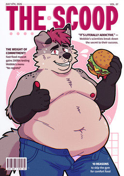 anthro barcode belly belly_overhang big_belly bodily_fluids bottomwear burger canine_teeth clothed clothing denim denim_bottomwear denim_clothing double_chin exposed_belly floppy_ears folded_ears food fur gesture hand_gesture holding_burger holding_food holding_object jeans male moobs morbidly_obese morbidly_obese_anthro morbidly_obese_male muffin_top nervous nervous_smile nervous_sweat nipples obese obese_anthro obese_male open_bottomwear open_clothing open_pants overweight overweight_anthro overweight_male pants parody red_eyes semi_clothed shirtless simple_background smile sweat sweatdrop tan_body tan_fur text thumbs_up tight_bottomwear tight_clothing tight_pants weight_gain coffeequasar canid canine canis mammal wolf absurd_res cel_shading cover digital_media_(artwork) english_text hi_res magazine_cover shaded