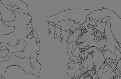 3_eyes anthro antlers ear_piercing ear_ring grey_background hair horizontal_pupils horn jewelry looking_at_object male multi_eye necklace piercing pupils ring_piercing sculpture sharp_teeth simple_background solo statue teeth jennithedragon nintendo outer_wilds tears_of_the_kingdom the_legend_of_zelda rauru_(tears_of_the_kingdom) nomai zonai 2023 crossover digital_drawing_(artwork) digital_media_(artwork) monochrome sketch