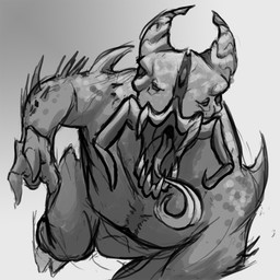 2_horns 3_fingers 4_eyes ambiguous_gender arm_spikes feral fingers front_view grey_background head_horn hooves horn long_tongue looking_at_viewer mandibles multi_eye open_mouth shoulder_spikes simple_background solo spikes spikes_(anatomy) tongue tongue_out deriaz monster 1:1 2013 digital_drawing_(artwork) digital_media_(artwork) full-length_portrait greyscale monochrome portrait