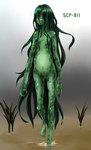 5_fingers 5_toes amphibian amphibian_humanoid animal_humanoid belly black_sclera breasts character_name expressionless featureless_breasts featureless_crotch feet female female_humanoid fingers full-length_portrait glistening glistening_body gradient_background green_body green_hair green_skin hair hair_between_eyes hayama_oz hi_res humanoid humanoid_feet long_hair markings membrane_(anatomy) navel nude plant plantigrade portrait scp-811 scp_foundation simple_background small_breasts solo spots spotted_body spotted_skin swamp toes walking water webbed_hands yellow_eyes