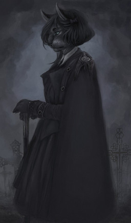 anthro bow_(feature) clothed clothing cloud coat dark female hair holding_object outside overcast sky solo standing topwear raventenebris felid mammal hi_res
