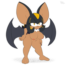 anthro big_breasts black_body black_fur breasts female fur lipstick makeup narrowed_eyes nipples nude nude_female solo tan_body wings yellow_eyes bingbingo sega sonic_the_hedgehog_(series) fan_character bat mammal hi_res signature watermark