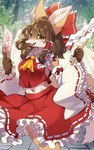 accessory anthro brown_hair clothed clothing female fur hair hair_accessory kemono looking_at_viewer ribbons smile solo lemoco touhou reimu_hakurei canid canine fox mammal absurd_res hi_res