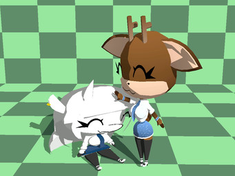:3 absolute_territory accessory anthro antlers big_head black_clothing black_legwear black_stockings blue_bottomwear blue_clothing blue_necktie blue_skirt bottomwear brown_body brown_fur checkered checkered_floor checkered_wall chibi clothing duo ear_piercing ear_ring eyelashes eyes_closed female footwear fur green_floor green_wall hair headpat horn legwear long_hair necktie piercing ring_piercing school_uniform shadow shirt shoes silly sitting skirt small_waist smile standing stockings thigh_highs topwear uniform white_body white_clothing white_fur white_hair white_shirt white_topwear wide_hips pinkmoth molly_(nelljoestar) winter_(nelljoestar) bovid caprine deer goat mammal 2026 3d_(artwork) 3d_animation animated digital_media_(artwork)