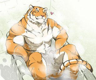 abs anthro barazoku bath bathtub biceps big_muscles black_body black_fur chest_tuft countershading eyes_closed fur hair heart_symbol male multicolored_body multicolored_fur muscular muscular_anthro muscular_male nude orange_body orange_fur partially_submerged smile solo striped_body striped_fur stripes tail tuft water white_body white_fur giraffe_(artist) lam-chan felid mammal pantherine tiger