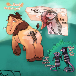 animal_genitalia animal_penis anthro anthro_on_feral anus being_watched bestiality blush brown_body butt butt_sniffing dialogue erection extreme_size_difference female female_feral feral fur genitals group hair height_assist humor interspecies larger_female larger_feral looking_at_another looking_back male male/female male_anthro musk nude open_mouth penis proboscis_(anatomy) rock size_difference smaller_anthro smaller_male smile sniffing stinkface tail text trunk_(anatomy) tusks urethra vulva nutlover blue_sky_studios ice_age_(series) crash_(ice_age) eddie_(ice_age) louis_(ice_age) peaches_(ice_age) american_opossum didelphid elephantid eulipotyphlan mammal mammoth marsupial molehog prehistoric_species proboscidean virginia_opossum digital_media_(artwork) english_text hi_res brother_(lore) brothers_(lore) sibling_(lore)