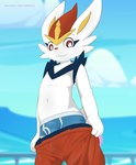 4_fingers anthro blue_briefs blue_clothing blue_underwear bottomwear briefs clothing cloud fingers fur happy male navel outside pants pulling_down_pants red_bottomwear red_clothing red_eyes red_pants sky solo tail underwear undressing_self white_body white_fur hazumazu nintendo pokemon cinderace generation_8_pokemon pokemon_(species) 2024 hi_res