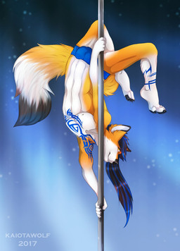 4_toes 5_fingers abstract_background anthro athletic athletic_anthro athletic_male barefoot biped black_body black_fur black_hair black_nose blue_clothing blue_hair blue_underwear briefs bulge claws clothed clothing collarbone dancing dipstick_tail feet fingers fur gloves_(marking) hair holding_fixture leg_markings long_hair looking_at_viewer male markings multicolored_tail nipples orange_body orange_fur pole pole_dancing ponytail skimpy smile socks_(marking) solo speedo swimwear tail tail_markings tattoo toes topless underwear upside_down white_body white_fur yellow_eyes kaiotawolf alty canid canine fox mammal red_fox true_fox 2017 digital_media_(artwork) hi_res shaded