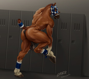 anatomically_correct anatomically_correct_anus animal_genitalia animal_penis anus athletic athletic_male backsack balls bandage big_anus bodily_fluids brown_body butt equine_anus equine_genitalia equine_penis flaccid genitals halter hooves inside lemon_testicles locker locker_room male mask penis puffy_anus sheath solo surprised sweat sweaty_butt sweaty_legs sweaty_thighs tail tail_wraps underhoof wraps laser_(artist) secretariat equid equine horse mammal hi_res