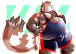 anthro black_nose blush brown_body bulge humanoid_hands kemono male overweight overweight_male simple_background solo wrestling_singlet tomoyamaru ailurid mammal red_panda 2021