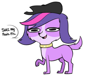 beret black_beret black_clothing black_eyes black_hat black_headwear black_nose clothing collar female feral fur gold_(metal) gold_collar hair hat headgear headwear metal_collar pink_hair purple_body purple_fur purple_hair solo higglytownhero hasbro littlest_pet_shop littlest_pet_shop_(2012) zoe_trent bird_dog canid canine canis cavalier_king_charles_spaniel domestic_dog hunting_dog mammal spaniel toy_dog