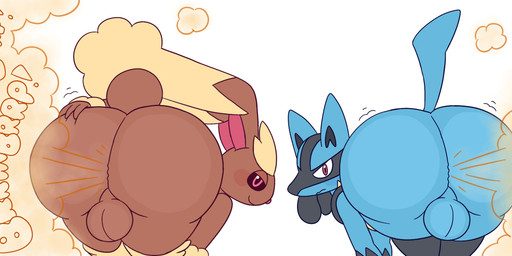 anthro backsack balls bedroom_eyes bent_over big_balls big_butt black_sclera blue_body blush bottom_heavy brown_body butt butt_focus duo embarrassed fart fart_cloud fart_fetish farting_at_viewer femboy floppy_ears genitals hand_on_butt hand_on_own_butt huge_butt looking_at_viewer looking_back looking_back_at_viewer lop_ears male narrowed_eyes nervous nude onomatopoeia presenting presenting_hindquarters raised_tail rear_view red_eyes round_tail seductive simple_background smile smug sound_effects tail text thick_thighs white_background wide_hips yellow_fart_cloud drawful-s nintendo pokemon canid canine generation_4_pokemon lagomorph lopunny lucario mammal pokemon_(species) 2020 absurd_res digital_drawing_(artwork) digital_media_(artwork) hi_res
