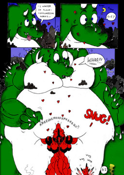 anthro body_size_growth duo female giga growth_lines heart_symbol hug macro male musclegut muscular muscular_female muscular_male onomatopoeia size_difference size_transformation sound_effects speech_bubble spikes spikes_(anatomy) text transformation dnapalmhead redsaber third-party_edit mythology dragon mythological_creature mythological_scalie scalie comic english_text
