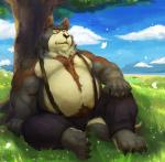 anthro belly big_belly black_body black_fur brown_body brown_fur chubby_cheeks claws clothed clothing fur glowing group hand_on_knee hand_on_leg male musclegut muscular muscular_anthro muscular_male obese obese_anthro obese_male on_face on_nose outside overweight overweight_anthro overweight_male plant reclining smile solo_focus suspenders toe_claws topless tree cinna-tree ambient_arthropod ambient_butterfly ambient_flier ambient_insect arthropod butterfly canid canine canis insect lepidopteran mammal wolf hi_res