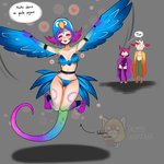 anthro female group humanoid_focus male text tutifruti_(artist) league_of_legends riot_games tencent neeko_(lol) rakan_(lol) xayah_(lol) animal_humanoid avian avian_humanoid humanoid vastaya 1:1 absurd_res digital_drawing_(artwork) digital_media_(artwork) hi_res spanish_text translated