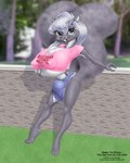 anthro big_breasts bottomwear breasts buckteeth bulge clothing cutoffs denim denim_bottomwear denim_clothing eyelashes feet fluffy fluffy_tail fur grey_body grey_eyes grey_fur grey_hair gynomorph hair herm huge_breasts intersex nipple_outline pink_clothing pink_shirt pink_topwear shirt shorts solo squirrel_tail tail teeth text text_on_clothing text_on_shirt text_on_topwear toes topwear wall_(structure) doug_winger mammal rodent sciurid tree_squirrel 2002