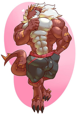 3_toes 5_fingers abs anthro anthrofied balls_outline black_bottomwear black_clothing bottomwear bulge claws clothed clothing detailed_bulge erection erection_under_clothing feet fingers genital_outline grey_body hand_in_pocket hand_under_chin heart_symbol male muscular muscular_anthro muscular_male pecs penis_outline pockets pokemorph red_body red_scales scales solo toe_claws toes topless happyending nintendo pokemon dinosaur fossil_pokemon generation_6_pokemon pokemon_(species) prehistoric_species reptile scalie tyrantrum hi_res