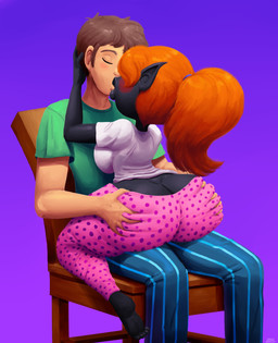 barefoot big_breasts big_butt black_body blue_bottomwear blue_clothing blue_pants blush bottomwear breasts brown_hair butt butt_cleavage butt_grab chair clothing duo eyes_closed feet female furniture green_clothing green_topwear hair hand_on_butt huge_butt humanoid_pointy_ears kissing larger_male lips male on_lap orange_hair pants pattern_bottomwear pattern_clothing pattern_pants pink_bottomwear pink_clothing pink_pants pointy_ears ponytail purple_background short_hair shortstack simple_background sitting sitting_on_lap size_difference smaller_female striped_bottomwear striped_clothing striped_pants stripes tan_body tan_skin thick_lips thick_thighs topwear white_clothing white_topwear wide_hips outta_sync asian_mythology east_asian_mythology japanese_mythology level-5 mythology yo-kai_watch chatalie human humanoid mammal yokai hi_res