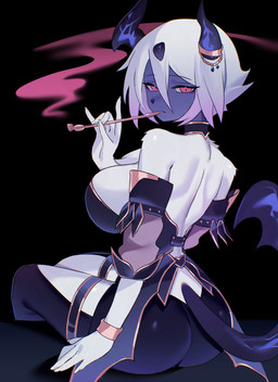 anthro big_breasts blue_face breasts butt choker female female_anthro hair horn jewelry kiseru looking_at_viewer looking_back looking_back_at_viewer necklace rear_view red_eyes shoulderless_shirt side_boob sitting small_waist smoking smoking_pipe solo tail white_body white_hair chunniwa nintendo pokemon absol generation_3_pokemon pokemon_(species) absurd_res hi_res