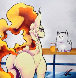 alcohol ambiguous_gender beer beverage blush blush_lines bodily_fluids butt container cup duo feral frown fur glass glass_container glass_cup horn pink_eyes sitting smile sweat tail white_body white_fur yellow_body 025aki mythology nintendo pokemon undertale_(series) annoying_dog_(undertale) canid canine canis domestic_dog equid equine generation_1_pokemon mammal mythological_creature mythological_equine pokemon_(species) rapidash unicorn 2025 absurd_res dated hi_res signature