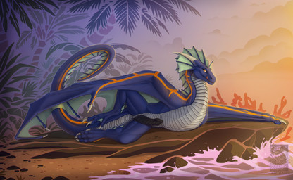 claws erection feet feral genitals licking licking_lips licking_own_lips looking_at_viewer lying male membrane_(anatomy) membranous_wings on_side outside palm_tree paws penis plant presenting presenting_penis rock sand scales seaside sky slit_penis smile solo tail toe_claws toes tongue tongue_out tree water wings keltaan european_mythology mythology storm_(wyvern) dragon mythological_creature mythological_scalie scalie western_dragon wyvern hi_res