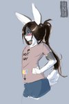 annoyed anthro arrow_pointing_to_crotch blue_eyes blush brown_hair clothed clothing directional_arrow femboy fur grey_body grey_fur hair hands_on_waist long_hair looking_at_viewer male simple_background solo stated_homosexuality stated_sexuality text text_on_clothing text_on_topwear topwear ranoa02 meme_clothing lagomorph leporid mammal rabbit 2023 colored hi_res meme shaded simple_shading watermark