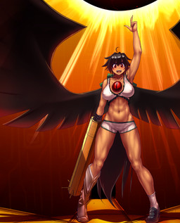 3_eyes :d abs ahoge arm_cannon athletic athletic_female big_breasts bikini bikini_top black_clothing black_footwear black_hair black_shoes black_wings blush boots bottomwear breasts chest_eye clothing female footwear frilly frilly_bikini frilly_clothing frilly_swimwear gesture grey_boots grey_clothing grey_footwear hair hand_gesture hotpants knee_boots knee_highs legwear loafers long_hair looking_at_viewer minishorts multi_eye muscular muscular_female muscular_humanoid muscular_thighs navel nipple_outline open_mouth open_smile pointing pointing_up raised_arm red_eyes shoes shorts smile socks solo spread_wings swimwear tan_body tan_skin tomboy two-piece_swimsuit white_bikini white_bikini_top white_bottomwear white_clothing white_footwear white_hotpants white_minishorts white_shorts white_socks white_swimwear wide_stance wings hater_(hatater) touhou utsuho_reiuji animal_humanoid avian avian_humanoid humanoid winged_humanoid 2017 hi_res