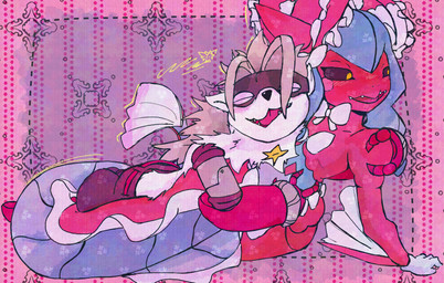 anthro bottomwear clothing cuddling duo female female/female frill_(anatomy) fur grey_body grey_fur mask mechanical_arm pants red_body unusual_anatomy white_body white_fur yogurtpubes bandai_namco digimon digimon_beatbreak digimon_(species) lamiamon wolvermon absurd_res hi_res