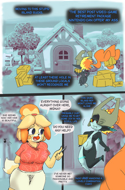anthro armor breasts clothed clothing crossover_ship dialogue duo female female/female fur hair headgear headwear helmet mean pointy_ears red_eyes shortstack speech_bubble tail text thought_bubble yellow_body yellow_fur globaldonut34 animal_crossing nintendo the_legend_of_zelda twilight_princess isabelle_(animal_crossing) midna canid canine canis domestic_dog humanoid imp mammal shih_tzu toy_dog absurd_res comic cover cover_art cover_page crossover digital_media_(artwork) english_text hi_res