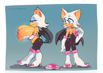anthro armor big_breasts breast_envy breastplate breasts clothed clothing duo female fur green_eyes half-closed_eyes holding_breast huge_breasts looking_at_another membrane_(anatomy) membranous_wings narrowed_eyes small_breasts smile standing topless topless_anthro topless_female white_body white_fur wings disabledfetus sega sonic_the_hedgehog_(series) rouge_the_bat full-length_portrait hi_res portrait