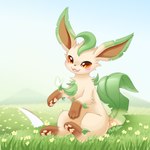 ambiguous_gender blush brown_eyes feral fur grass green_body green_ears green_tail leg_markings markings open_mouth plant socks_(marking) solo tail yellow_body yellow_fur fluffy_hinu nintendo pokemon eeveelution generation_4_pokemon leafeon pokemon_(species) 1:1 absurd_res hi_res