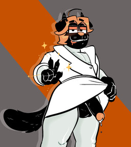 anthro balls bodily_fluids clothed clothing clothing_lift coat cum cum_drip dripping drooling eyewear genital_fluids genitals gesture glasses hand_gesture lab_coat looking_at_viewer male penis saliva skinsuit solo tight_clothing tongue tongue_out topwear v_sign animalboyfriend doc_(animalboyfriend) domestic_cat felid feline felis mammal 2025 hi_res