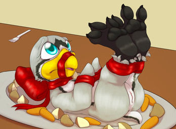 anthro anus avian_feet bdsm beak blue_eyes bondage bound butt carrot cutlery detailed_background feet female flipper_hands flippers food food_fetish food_play fork furniture gag gagged genitals hands_tied hindpaw humanoid_genitalia humanoid_vulva kitchen_utensils legs_tied legs_up looking_up lying neck_bow on_back on_table paws plant plantigrade potato solo table tools vegetable vulva worried young young_anthro young_female sogaroth avian bird penguin digital_media_(artwork) hi_res