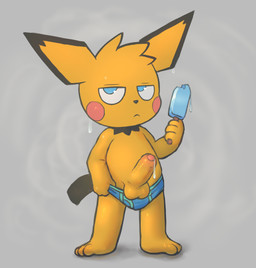 anthro balls biped bodily_fluids briefs briefs_down clothing cum dessert dripping dripping_ice_cream food genital_fluids genitals grey_background holding_briefs humanoid_genitalia humanoid_penis ice_cream male musk penis popsicle simple_background solo standing sweat tail underwear unimpressed young young_anthro young_male badipoki nintendo pokemon generation_2_pokemon pichu pokemon_(species) absurd_res hi_res