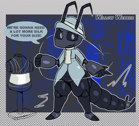 anthro arthropod_webbing dialogue female looking_at_viewer silk solo speech_bubble talking_to_viewer text lizardfungus arthropod insect webspinner english_text hi_res