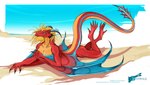 anthro beach black_horn blonde_hair blue_body blue_eyes blue_horn claws crossed_legs female hair horn light orange_body pose raised_tail red_body relaxing seaside simple_background sky smile solo sunlight sunny tail tail_motion tailwag wings yellow_body hynvale european_mythology mythology eztli_(user_55) dragon mythological_creature mythological_scalie scalie western_dragon wyvern absurd_res hi_res pinup