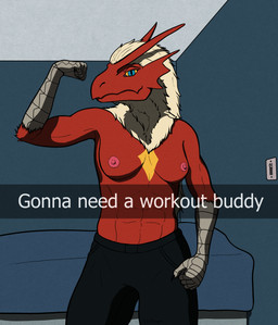 abs anthro athletic bed bedroom biceps blue_eyes breasts clothed clothing female flexing furniture medium_breasts muscular muscular_anthro muscular_female nipples pink_nipples pose pupils red_body scuted_hands scutes slit_pupils teasing text topless topless_female yellow_sclera rebeldragon101 nintendo pokemon snapchat blaziken generation_3_pokemon pokemon_(species) english_text hi_res