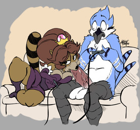 anthro anthro_penetrated armwear balls beak big_balls big_breasts big_penis black_nose boots breasts brown_hair cleavage clothed clothed/nude clothed_female clothing controller crossgender crown dress duo elbow_gloves electronics erection eyebrows eyelashes fellatio female female_penetrated footwear fully_clothed furniture game_controller genitals gloves hair handwear headgear holding_controller holding_object interspecies long_hair looking_at_another looking_at_partner looking_pleasured lying male male/female male_penetrating male_penetrating_female markings mtf_crossgender narrowed_eyes navel nude on_side oral oral_penetration penetration penile penile_penetration penis penis_in_mouth ponytail sex shoes sitting sofa striped_markings striped_tail stripes super_crown tail tail_markings text vein veiny_penis wide_eyed misterj cartoon_network mario_bros nintendo regular_show mordecai_(regular_show) rigbette_(benson_dancing) rigby_(regular_show) avian bird blue_jay corvid jay_(bird) mammal new_world_jay oscine passerine procyonid raccoon 2023 artist_name hi_res signature