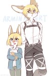 alternate_species anthro blonde_hair blue_eyes blush book clothed clothing duo fully_clothed furrification hair holding_book holding_object looking_at_viewer open_mouth open_smile pink_nose simple_background size_difference smile standing text white_background swaybat attack_on_titan armin_arlert lagomorph leporid mammal rabbit 2024 digital_drawing_(artwork) digital_media_(artwork) hi_res