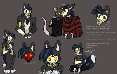 anthro black_clothing black_shirt black_topwear bottomwear clothing collar frankie_(n3uroacid) gas_mask group kissing lennon_the_rat_(n3uroacid) male male/male mask n3uroacid pants pattern_clothing shirt striped_clothing stripes topwear torn_bottomwear torn_clothing torn_pants canid canine canis mammal murid murine rat rodent wolf