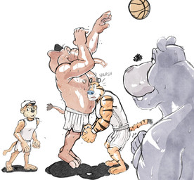 anthro anthro_on_anthro areola ball barefoot baseball_cap basketball_(ball) belly biceps big_belly big_muscles bodily_fluids bottomwear bulge clothed clothing eyebrows face_in_belly feet fur grey_background group hat headgear headwear jumping male male/male mascot musclegut muscular muscular_anthro muscular_male navel nipples one_eye_closed overweight overweight_anthro overweight_male pecs plantigrade shadow shirt shorts simple_background smile smothering sound_effects sport standing sweat tank_top teeth topless topless_anthro topless_male topwear tuft hunter-husky frosted_flakes kellogg's coco_the_monkey melvin_the_elephant tony_the_tiger common_hippopotamus elephant elephantid felid haplorhine hippopotamid mammal monkey pantherine primate proboscidean tiger 2025 hi_res