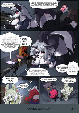 anthro big_breasts bodily_fluids breasts clothed clothing dialogue female fur gun hair horn huge_breasts male muscular muscular_male profanity ranged_weapon red_body red_sclera rifle sniper_rifle tail text weapon white_body white_fur conditional_dnp yazen hellaverse helluva_boss mythology loona_(helluva_boss) canid canid_demon canine demon felid hellhound imp mammal mythological_canine mythological_creature pantherine absurd_res comic digital_media_(artwork) english_text hi_res