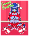 annoyed arms_tied ball_gag blue_body blue_hair blue_skin border bound breasts christmas_decorations female gag hair holidays horn long_hair pregnant ribbons solo spade_tail tail white_border arcnod christmas anne_(arcnod) demon humanoid