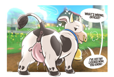 anus bell bell_collar blush bodily_fluids bovine_teats bovine_udders butt collar facial_piercing female feral genital_fluids genitals hooves lactating looking_at_viewer looking_back markings nose_piercing nose_ring piercing presenting presenting_hindquarters raised_tail ring_piercing septum_piercing septum_ring solo spots spotted_markings tail tail_anus tail_tuft teats text tuft udders vaginal_fluids vulva suns_(artist) mario_bros mario_kart_world nintendo moo_moo_meadows_cow bovid bovine cattle dairy_cattle holstein_friesian_cattle mammal english_text hi_res