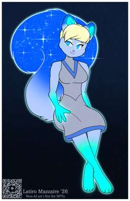 anthro big_tail black_background blonde_hair blue_body blue_ears blue_eyes blue_inner_ear blue_tail border breasts buckteeth clothing cosmic_tail dress female glowing glowing_body grey_clothing grey_dress hair huge_tail pink_nose qr_code simple_background smile solo tail teeth text white_border latiro animal_crossing nintendo ione_(animal_crossing) mammal rodent sciurid tree_squirrel 2026 artist_name colored digital_media_(artwork) flat_colors hi_res