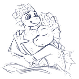 anthro anthro_on_anthro arm_frill closed_smile dorsal_frill duo ear_frill eyes_closed frill_(anatomy) hug male male/male mouth_closed nude simple_background smile tail hufnaar species_request 1:1 hi_res monochrome sketch