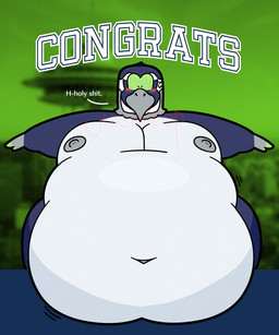 anthro beak belly belly_overhang big_belly big_butt big_moobs blue_body blush bodily_fluids border bottomwear building butt clothing constricted_pupils countershading dialogue feather_hands feathers green_fingers green_sclera grey_beak grey_body grey_feathers grey_hands huge_belly huge_butt huge_moobs hyper hyper_belly looking_down male mascot moobs motion_lines nude outside_border overweight photo_background profanity pupils small_pupils solo space_needle spread_arms standing sweat sweatdrop text thick_thighs toony white_belly white_body juiciidrop nfl seattle_seahawks super_bowl blitz_the_seahawk accipitrid accipitriform avian bird seahawk 2026 5:6 absurd_res alpha_channel english_text hi_res mixed_media photography_(artwork) shaded