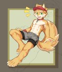 abs anthro band-aid bandage barefoot blush clothed clothing collar feet male muscular muscular_anthro muscular_male muscular_young pecs solo surprise toes topless young young_anthro joeyzliaotang canid canine mammal hi_res